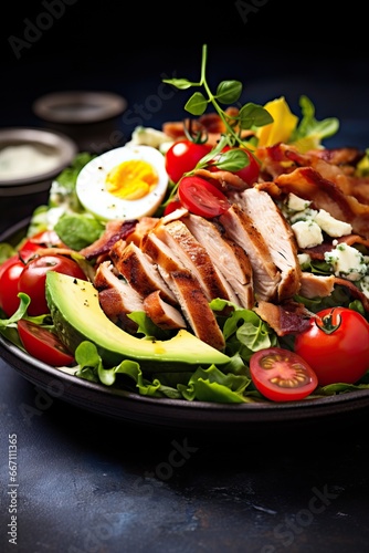 Healty Plate of Food made of a Cutted Steak mixed with some Salad, Tomatoes, Mais, Egg and Avocado. Many Vegetables. Plate full of Vitamins an Proteins.