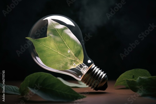 Ecological light bulb with leaves inside and leaves. Generative AI