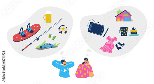 Man and woman with their interests and hobbies.