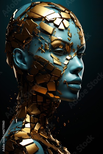 Close-up of a Blue Skinned Woman with a face Breaking in a lot of Golden pieces. Fashinating Young Lady wth closed Eyes.