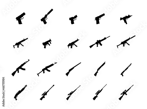 guns and weapons icons, rifles, pistols, and submachine guns, Editable Vector photo