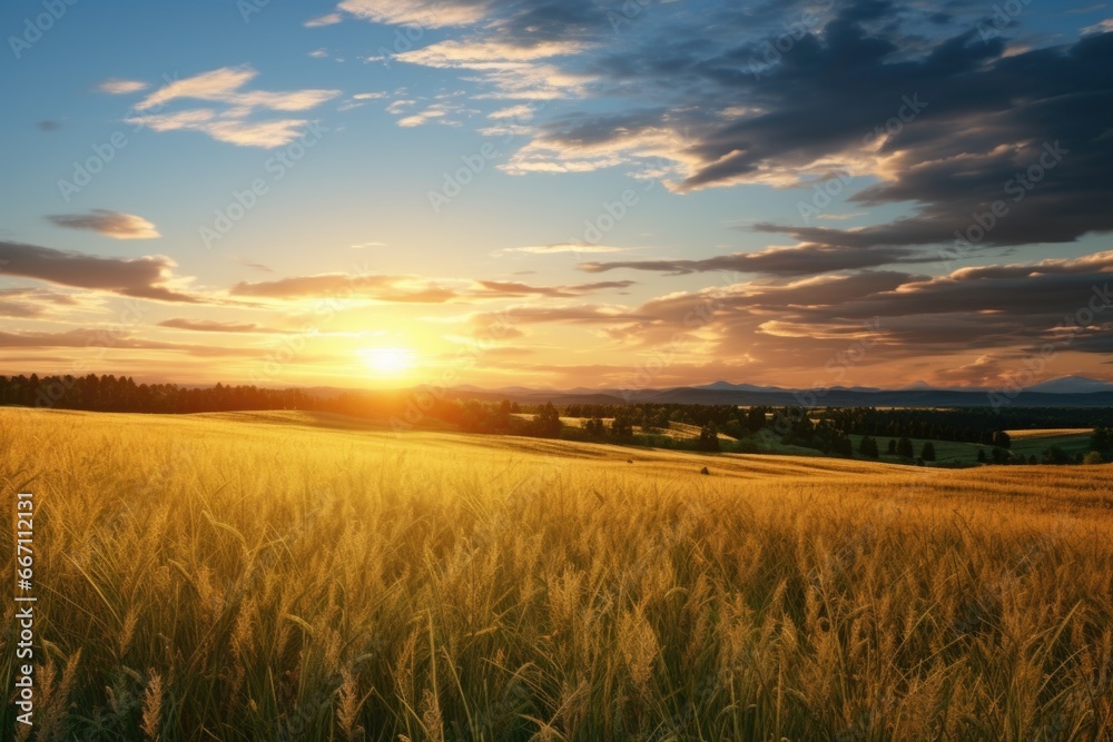 A beautiful sunset scene with the sun setting over a picturesque wheat field. A beautiful sunset scene with the sun setting over a picturesque wheat field.