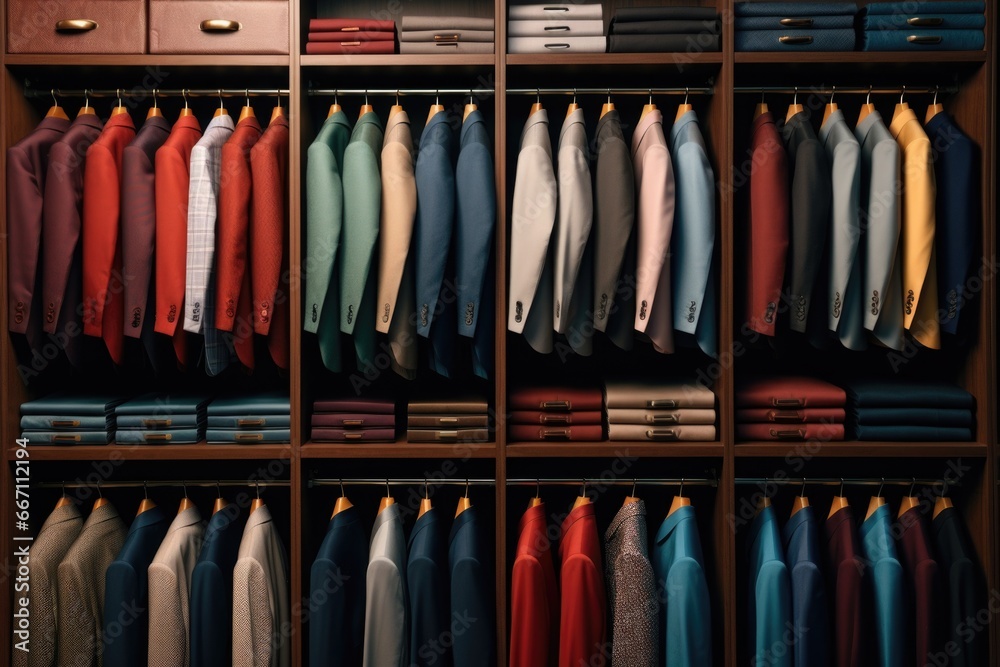 A closet filled with a variety of different colored shirts. This image can be used to showcase a diverse collection of clothing options