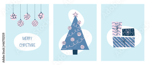 Merry Christmas set greeting cards, holiday covers. Modern Xmas design with triangle fir, balls and gifts in blue and pink colors in naive style. Christmas tree, ball, hohoho pattern