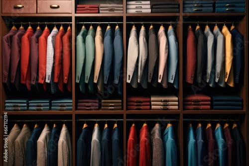 A closet filled with a variety of different colored shirts. This image can be used to showcase a diverse collection of clothing options
