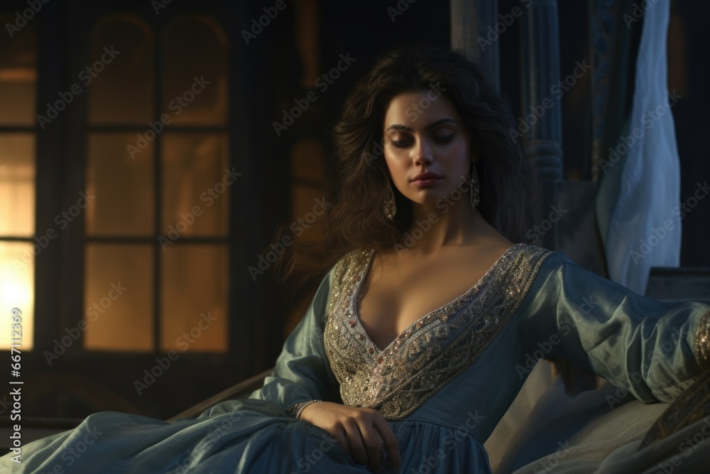 A woman wearing a blue dress sitting on a bed. This image can be used to depict relaxation, bedroom scenes, or fashion and style