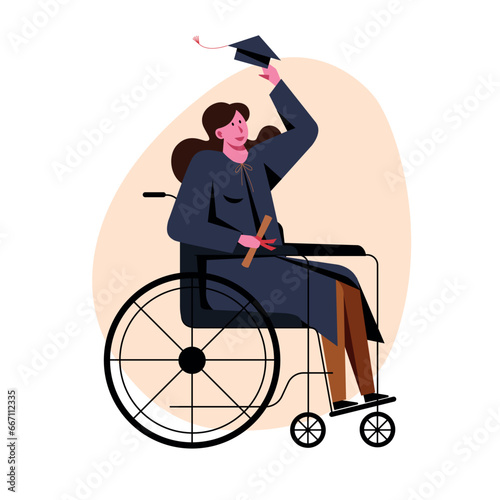 A vector image of a student in a wheelchair in an academic dress.