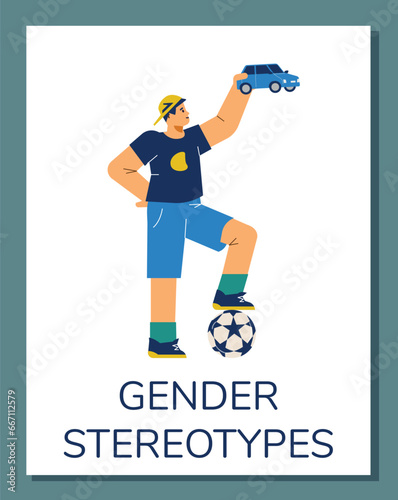 Boy with car toy and football isolated flat vector illustration.