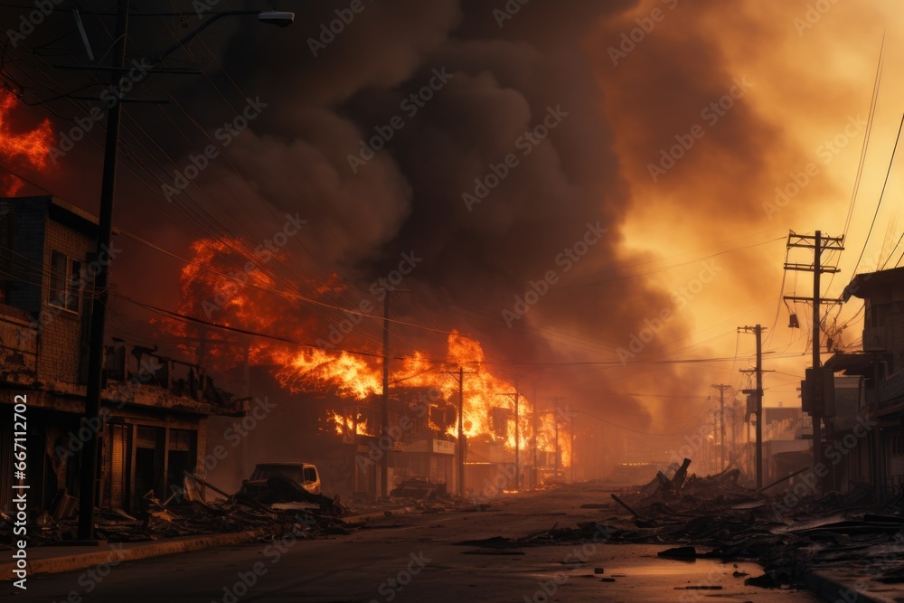 A fire is burning in the middle of a street. This image can be used to depict a dangerous situation or to illustrate the concept of urban unrest