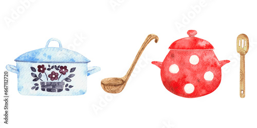 Watercolor seamless border with kitchen supplies. Red and blue pots with wooden spoon and ladle. Horizontal banner with homemade food concept