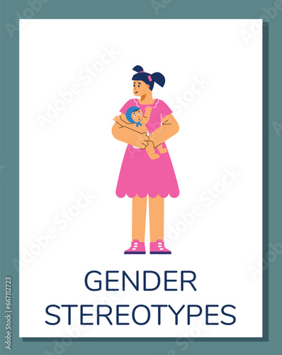Girl with little baby doll toy in diaper with blue cap, Gender stereotypes concept vector cartoon poster