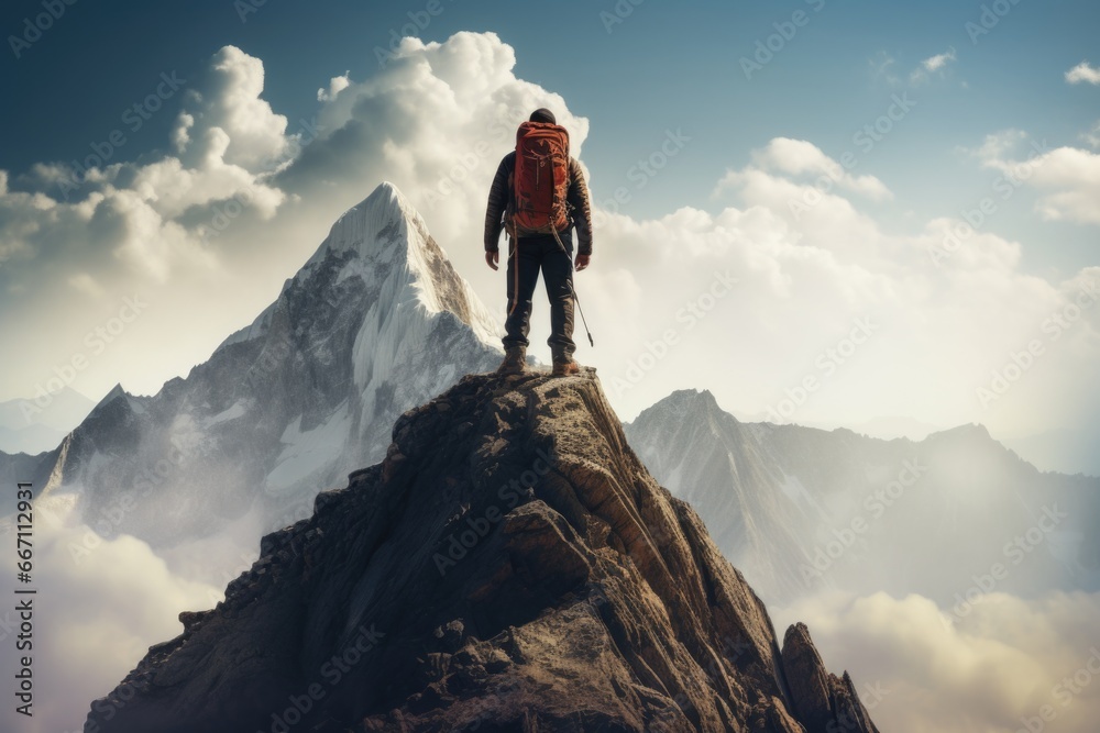 A man with a backpack standing on top of a mountain. Suitable for outdoor adventure and travel themes