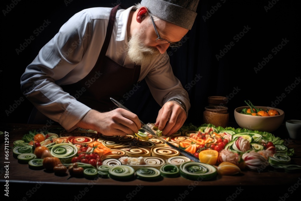 A man wearing a chef's hat is seen preparing food on a table. This image can be used to depict professional cooking or culinary skills