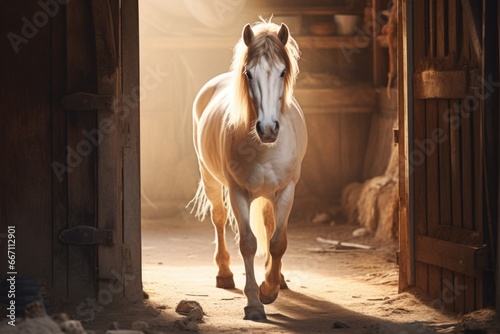 A white horse walking through a barn door. This image can be used to depict farm life or the beauty of animals in a rustic setting