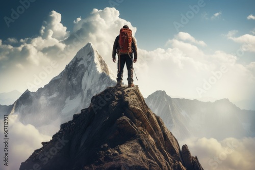 A man with a backpack standing on top of a mountain. Suitable for outdoor adventure and travel themes