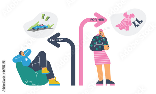 Woman thinking about clothes and man thinking about money and car vector illustration on white background. photo