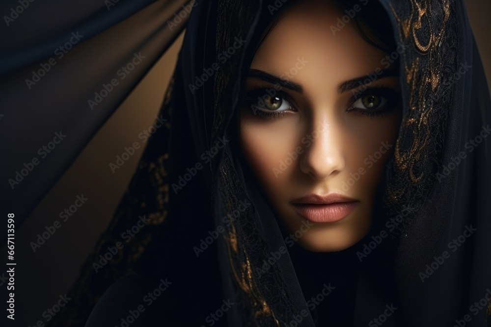 A woman is pictured wearing a black veil and accessorized with gold jewelry. This image can be used to portray mystery, elegance, or cultural traditions