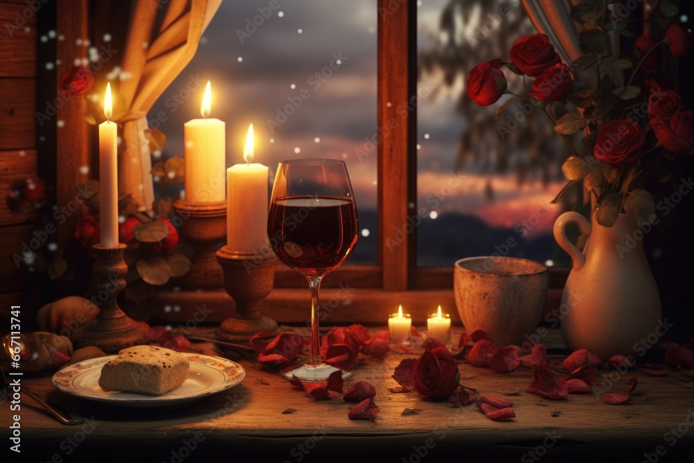 Fototapeta premium A picture of a table with a plate of food and a glass of wine. Perfect for showcasing delicious meals and elegant dining experiences