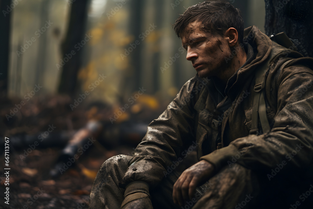 dirty tired soldier sitting in deep forest at autumn evening. Neural network generated image. Not based on any actual person or scene. dirty tired soldier sitting in deep forest at autumn evening. Neural network generated image. Not based on any actual person or scene.