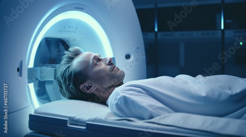 Magnetic Resonance Imaging( MRI) : A patient lying still in an MRI machine, a medical technician in the control room.