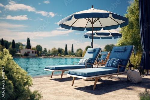 A picture of a couple of lounge chairs sitting next to a pool. This image can be used to depict relaxation  vacation  summer  or outdoor activities