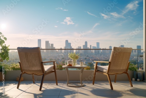 A picture of two chairs on a balcony overlooking a beautiful city. Perfect for showcasing urban landscapes and city living