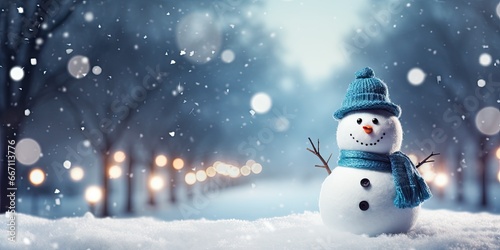 Winter magic. Snowfall and snowman delight. Frosty celebrations. Christmas tale. Snowflakes snowmen and joy. Chilly cheer. Greetings in snowy landscape © Bussakon