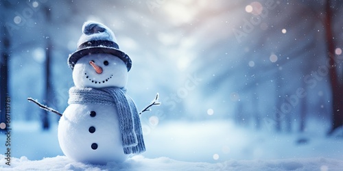 Winter magic. Snowfall and snowman delight. Frosty celebrations. Christmas tale. Snowflakes snowmen and joy. Chilly cheer. Greetings in snowy landscape © Bussakon