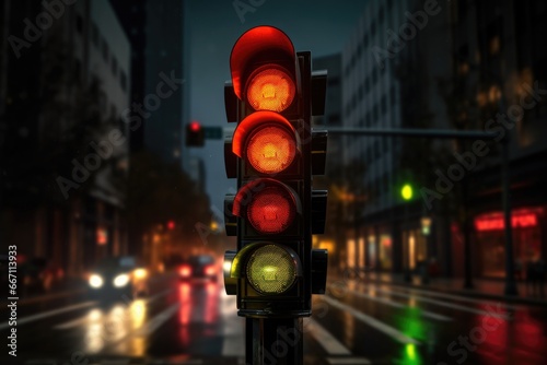 A picture of a traffic light on a city street at night. This image can be used to depict urban life, transportation, or road safety