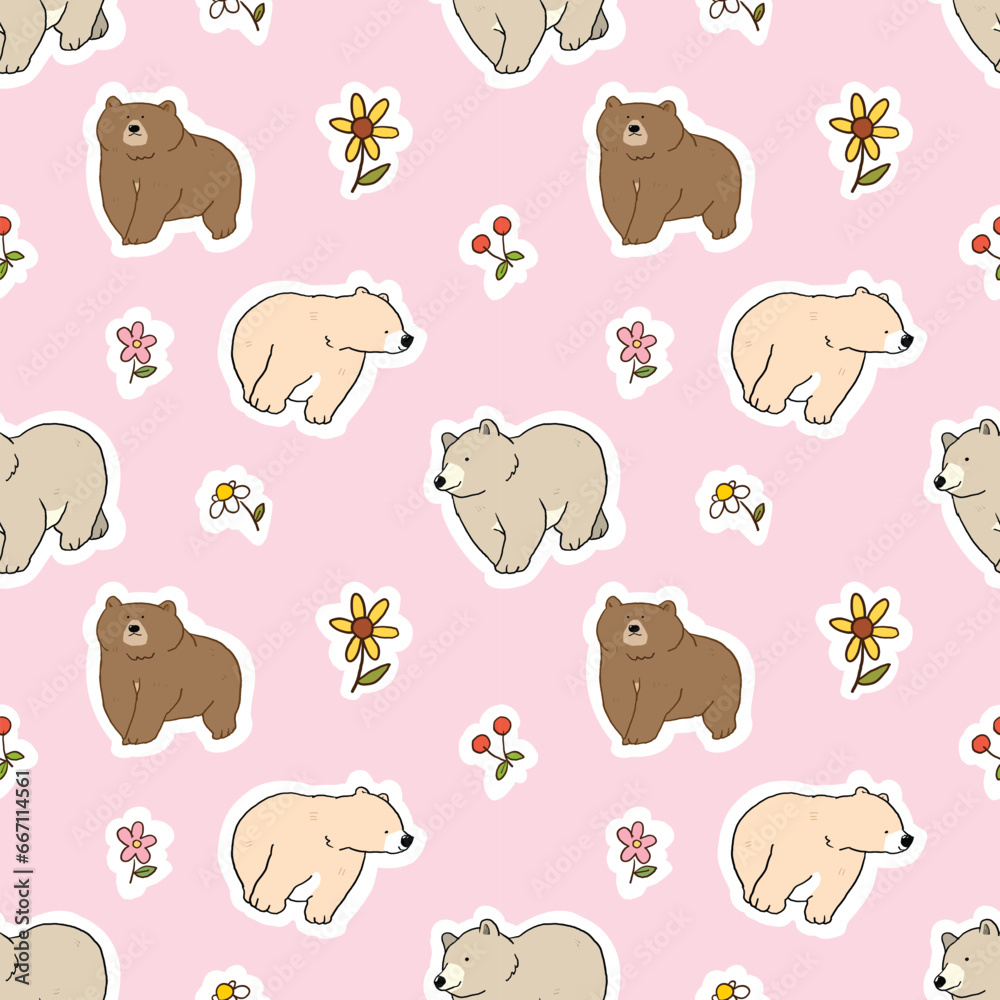 Obraz premium Seamless Pattern with Bear and Flower Design on Pink Background