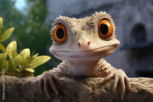 A detailed close-up view of a lizard perched on a rock. This image can be used to depict reptiles, wildlife, nature, or the concept of camouflage © Fotograf