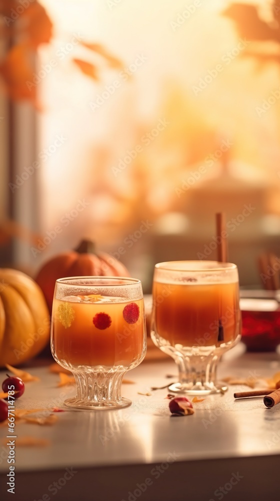 Two seasonal drink glasses, autumn background