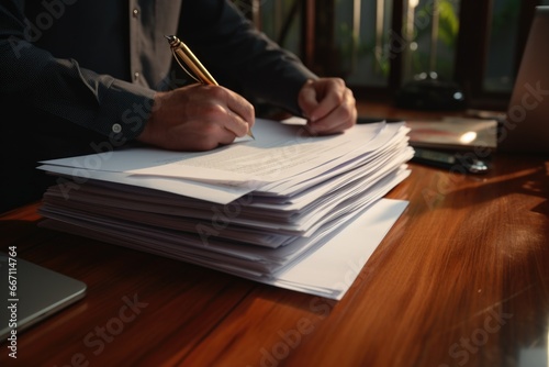 A man sitting at a desk writing on a piece of paper. This image can be used to depict work, creativity, or education
