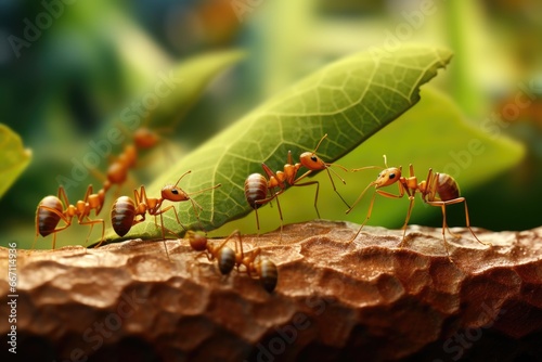 A group of ants walking on top of a leaf. This image can be used to depict teamwork, nature, insects, or the concept of a small world © Fotograf