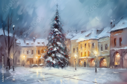 Christmas tree in the city square, illustration. Christmas festive background