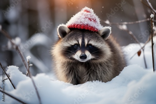 Christmas cute funny baby raccoon in red hat