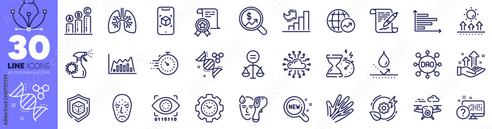 Lungs, Green energy and Augmented reality line icons pack. Timer ...