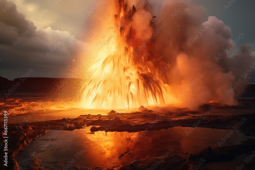 An explosive moment captured as lava and water collide, creating a dramatic display of power and beauty. Perfect for illustrating the forces of nature and the intensity of natural phenomena
