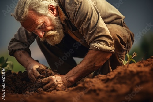 A man with a beard is seen digging in the dirt. This image can be used to depict gardening, landscaping, or construction activities © Fotograf