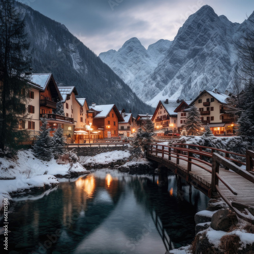 Winter landscape of a small European town with a river on the snow-covered mountains background 