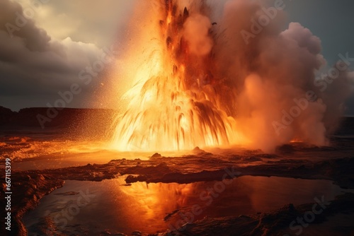 An explosive moment captured as lava and water collide, creating a dramatic display of power and beauty. Perfect for illustrating the forces of nature and the intensity of natural phenomena