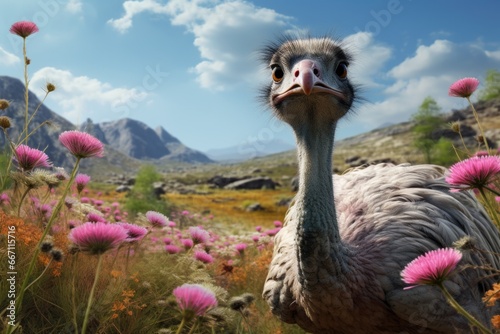 A picture of an ostrich standing in a field of colorful flowers. This image can be used to depict the beauty of nature or to illustrate the concept of unexpected encounters