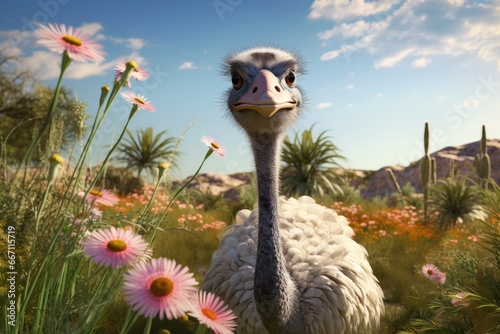 An ostrich standing in a field of vibrant flowers. This image can be used to represent nature, wildlife, or the beauty of the outdoors