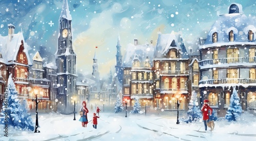 A Pretty and Snowy Square in a Cold day near Christmast with a few people admiring the view. in the Style of Cartoon and Water Painting photo