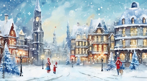 A Pretty and Snowy Square in a Cold day near Christmast with a few people admiring the view. in the Style of Cartoon and Water Painting