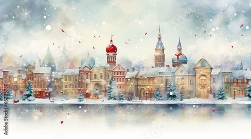 A Pretty and Snowy Square in a Cold day near Christmast with a few people admiring the view. in the Style of Cartoon and Water Painting
