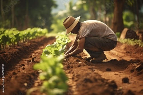 A man is shown kneeling down in a field, carefully picking lettuce. This image can be used to showcase organic farming, agriculture, or healthy eating concepts