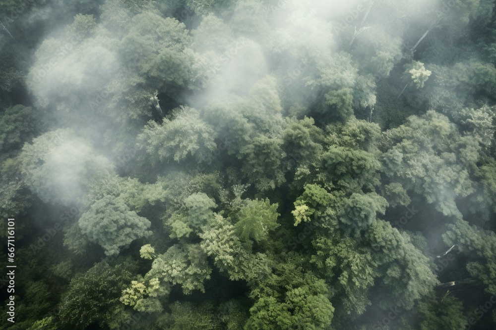 overhead perspective of a misty woodland. Generative AI