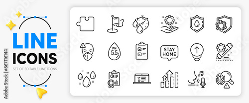 Microphone, Swipe up and Timer line icons set for app include Ph neutral, Puzzle, Medical mask outline thin icon. Coronavirus, Fingerprint, Milestone pictogram icon. Checklist. Vector