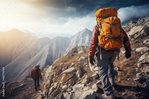 A picture of a couple walking up a mountain. Perfect for travel and adventure themes